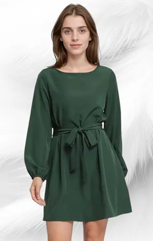 Women's Solid Round Neck Puff A-line Dress thumbnail 1