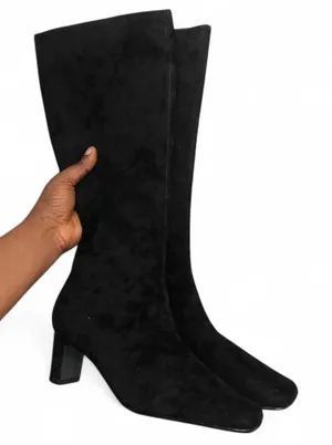 AJ Valenci Real Leather Suede Dark Black Preppy Academia Goth Tall Knee High Boots Kitten Block Heels Square Pointed Toe Grunge Whimsigoth Festival Western Country Sz 8M New in Box thumbnail 1