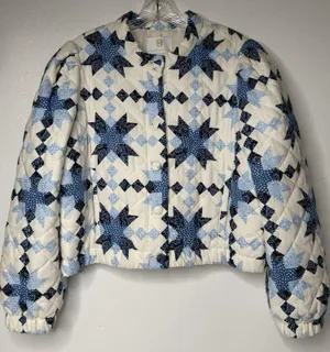 House Of Harlow 1960 Quilted Puffer Jacket Women L Cream Blue Retro Cottagecore thumbnail 1