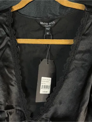 Brave Soul NWT Black Satin Lace-Trim Crop Top thumbnail 5