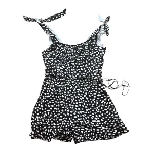 Black White Polka Dot Romper Tie Shoulder Ruffle Hem Sleeveless Sunsuit S thumbnail 2