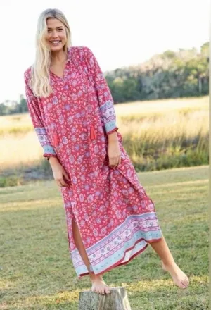 Natural Life Dara Floral Tassel Kaftan 3/4 Sleeve Maxi Dress Size XL hippie boho thumbnail 1