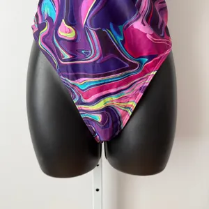 Purple L Marble One Piece‎ Swimsuit Cutout High Leg Monokini Rave Beach Coastal thumbnail 3