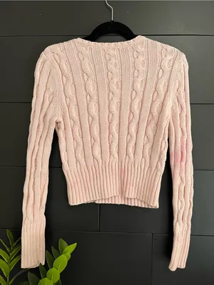 Blush Pink Cable Knit Sweater Long Sleeve Crew Neck Cropped Pullover Sz S GUC thumbnail 2