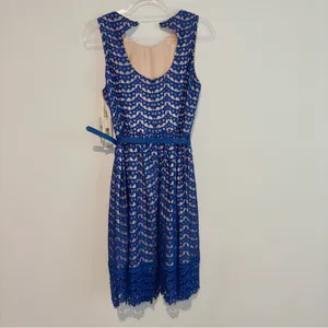Eliza J lace eyelet belted Patterned Dress blue nude‎ size 6 thumbnail 3