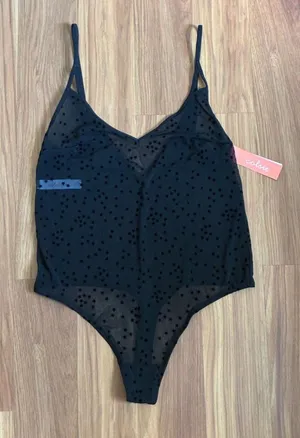 Colsie Sheer Star Flocked Mesh Thong Bodysuit NWT Size S thumbnail 1