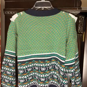 Green Blue Crew Neck Sweater with Geometric Pattern Retro Style thumbnail 6