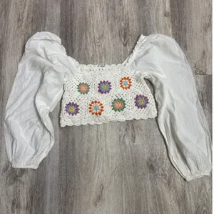 Aerie Crochet Granny Square Balloon Sleeve‎ Boho Crop Top White Size Small thumbnail 2