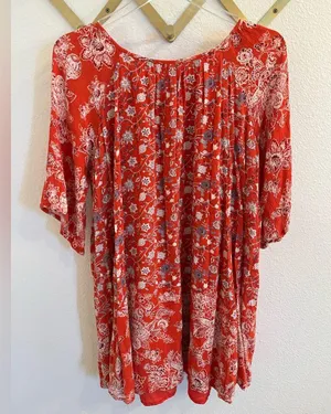 Free People Red Floral Bell Sleeve Mini Dress Medium thumbnail 6