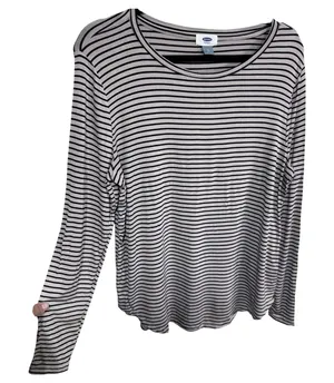 Old Navy XL‎ Tan Black Striped Long Sleeve T-Shirt Women's Casual Soft Knit thumbnail 1