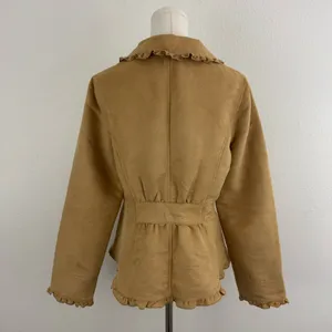 FADED GLORY Y2K Tan Blonde Faux Suede V Neck Ruffle Trim Button Up Blazer Jacket thumbnail 5