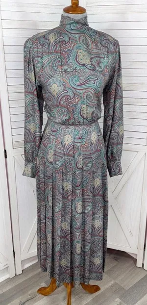 Vntg J.G. Hook Paisley Pleated Mock Neck Maxi Dress Green Multi Size‎ 4 Heritage thumbnail 1