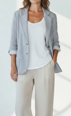 Chico's Seersucker Striped gray white yellow Yachtie Blazer coastal classic thumbnail 1