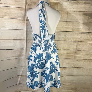 SheIn floral halter shirred waist A-line blue dress womens Size Large thumbnail 4