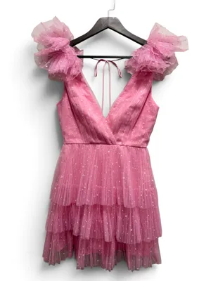 ML Monique Lhuillier Bubble Gum Pink Dotted Tulle Ruffle Mini Dress 2 thumbnail 1