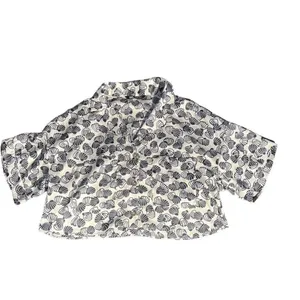 Zara Clamshell Silky‎ White & Navy Relaxed Fit Button Front Crop Top Size Large thumbnail 4
