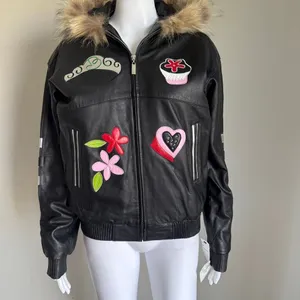 Barbie Custom Embroidered Glam Graphic Leather Jacket With Faux Fur Hood thumbnail 3