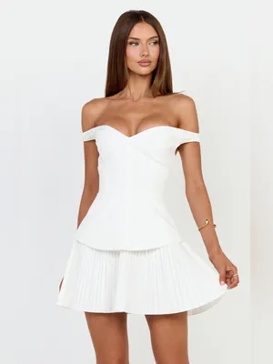 SHOWPO Izara Off The Shoulder Pleated Mini Dress In White thumbnail 4