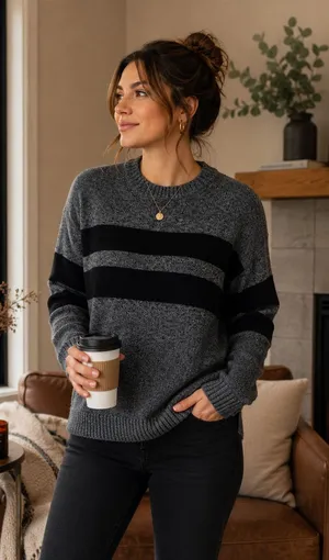 American Eagle Gray Black Striped Knit Sweater thumbnail 1