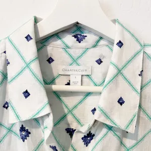 Charter Club Shirt Size Large Blue Floral Linen Blend Rhinestone Coastal Grandma thumbnail 4