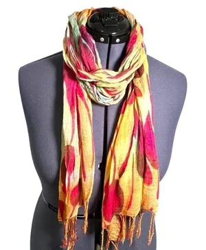 Rue 21 Women's Scarf Orange Yellow Magenta Pink Teal Fringe Hem Flower Rain thumbnail 1