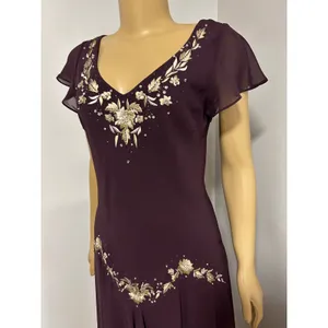 Y2K Vintage SL FASHIONS Plum Purple Beaded Floral Handkerchief Hem Midi Dress thumbnail 2