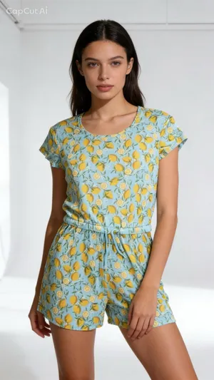 Alex's Lemonade Stand Lemon Fruit Romper Size L Pockets Stretch Drawstring Waist Blue Size L thumbnail 1