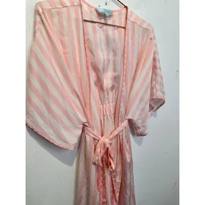 Betsey Johnson Pink White MRS Bridal Striped Kimono Robe Embroidered sz Medium thumbnail 3