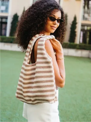 NEW Beach Riot Nantucket Striped Knit Hobo Bag Tote Beige and Cream, MSRP $78 thumbnail 2