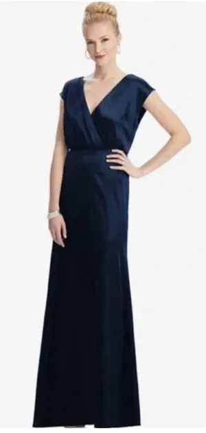 NWT‎ Dessy Collection Charmeuse Cap Sleeve Gown Dress in Midnight Blue thumbnail 1