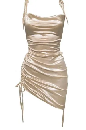 Leau Cabo gold satin adjustable strappy rouched mini dress M NWT thumbnail 1