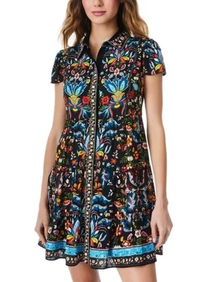 Alice + Olivia‎ Meeko Embroidered Tiered Floral Print Crepe Mini Shirt Dress 4 thumbnail 3
