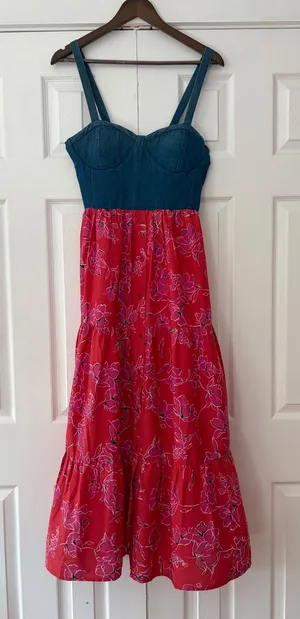 BOG Collective Denim Floral Bustier Maxi Dress Red Pink Mixed Media Tiered L thumbnail 1