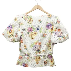 Wayf Top Floral Eyelet Wrap Front Puff Sleeve Cream Blouse Women’s Size Medium thumbnail 3