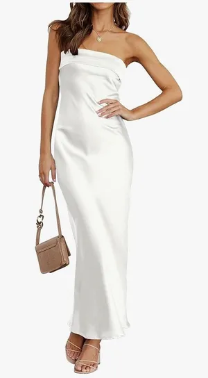 Merokeety Ivory satin bodycon dress thumbnail 1