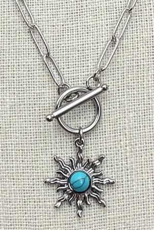 Stainless Steel Sunburst Necklace with Faux Turquoise thumbnail 1