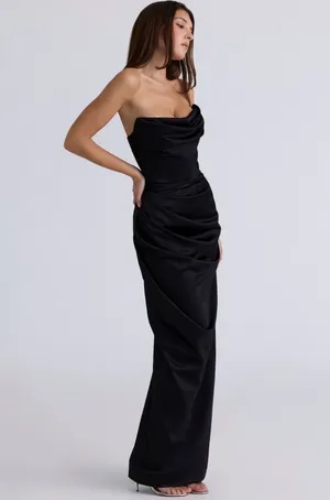 House of CB Adrienne Black Satin Strapless Corset Maxi Gala Dress thumbnail 3