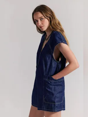 Free People Free Fall Denim Romper in Deep Blue S thumbnail 3