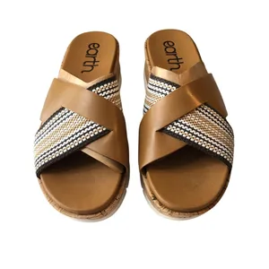 Earth Finale Leather Platform Crossband Slide Sandal Tan Woven Strap 8 thumbnail 2