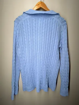 L.L.Bean Blue Cable Knit Collared V Neck 100% Cotton Sweater Heritage Classic‎ thumbnail 9