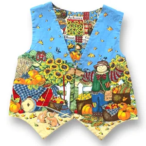 Vintage Handmade Reversible Vest Autumn Pumpkin‎ Scarecrow Farmhouse Blue Orange thumbnail 1
