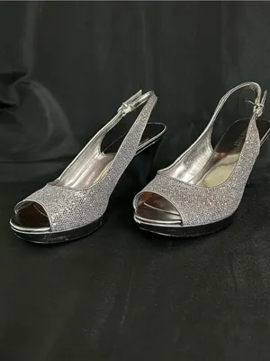 Nine West Women’s Silver Glitter Slingback Peep-Toe Heels 7.5 thumbnail 4