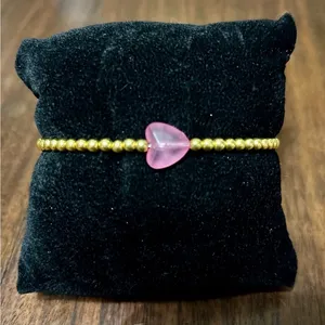 Gold Beaded Bracelet with Pink Heart Charm thumbnail 1