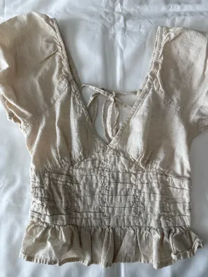 Cream Linen Blend Puff-Sleeve Cropped Peplum Top thumbnail 2