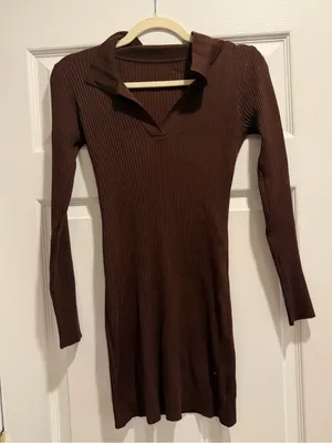 Amazon Ribbed Long Sleeve Polo sweater Dress in Brown thumbnail 1