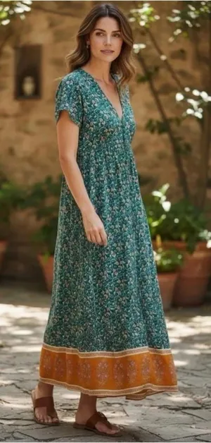 Natural Life Avery Midi Dress‎ Boho Floral Button Front Teal Orange Rayon XS/S thumbnail 1