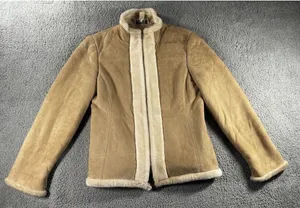 Faux‎ Suede Shearling Jacket Women Tan Faux Fur Trim Zip Up Coat thumbnail 1