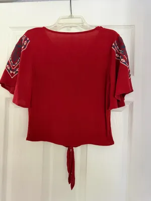 Red 70s Style Culotte Blouse Crisscross Tie-Front Women’s Top thumbnail 5