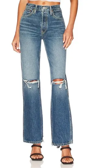 RE/DONE 90s High Rise‎ Loose Jeans NWT size 29 Destroyed Mar Blue Straight Leg thumbnail 1