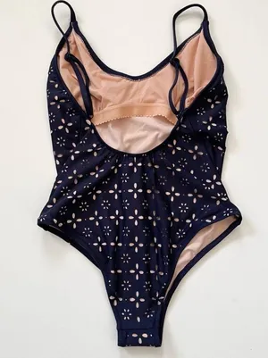 J CREW Navy Blue Beige Eyelet Cutout One-Piece Swimsuit Size 4 thumbnail 4